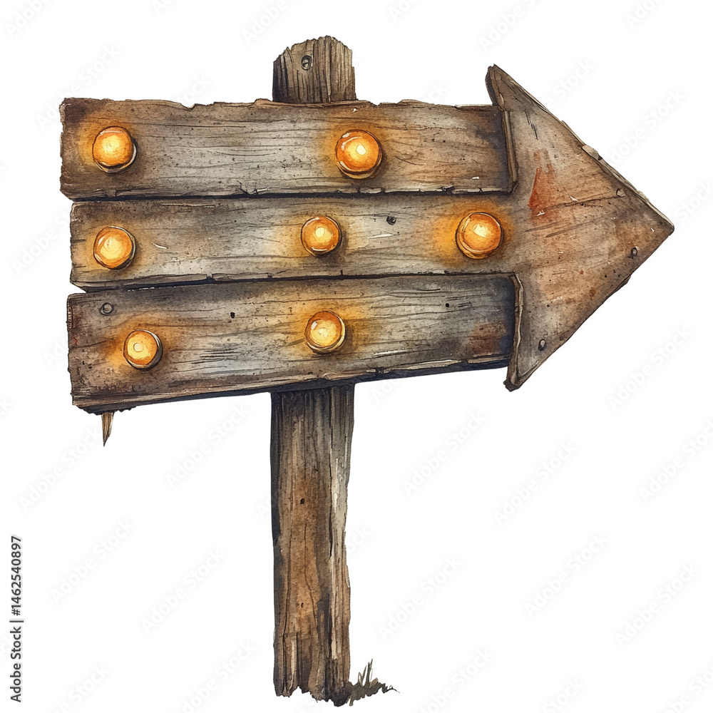 Poster rustic directional sign with illuminated bulbs pointing to a bright future isolated