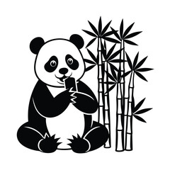 a cute panda sitting against a bamboo vector art silhouette