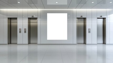 Modern elevators flanking blank poster space in bright interior setting with minimalist design