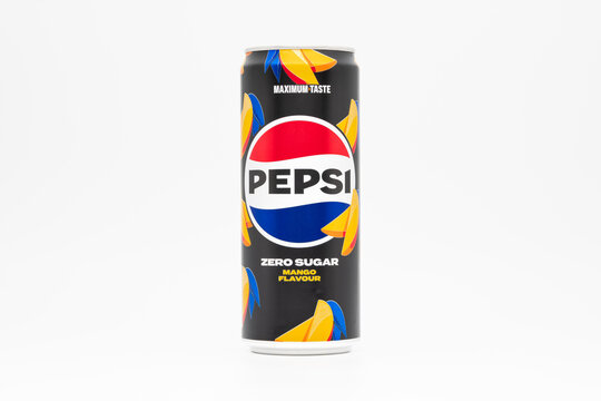 DRESDEN, GERMANY - 17. March 2025: Pepsi Zero Sugar Mango Flavour can. Sugar free soft drink with cola and mango fruit taste. Beverage can in the 330 ml size.