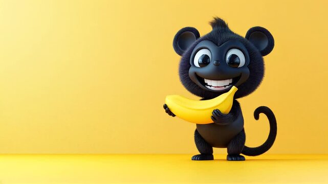 Smiling Black Monkey Holding Banana in Minimal 3D Cartoon Style