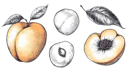 Hand-drawn illustration collection of peaches and leaves.