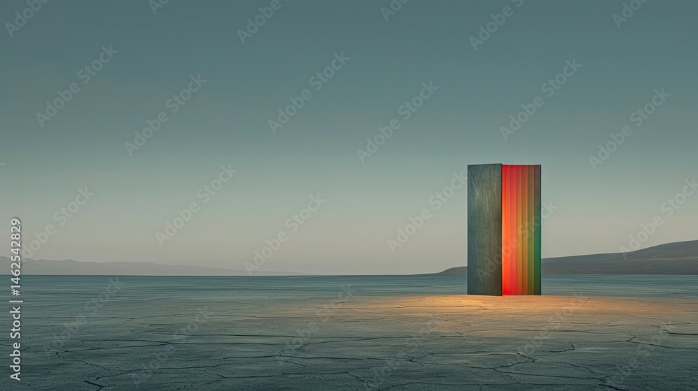 Poster empty desert landscape with a colorful rectangular object