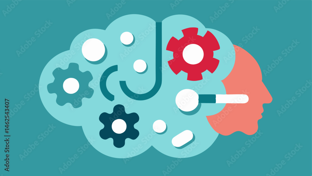 Poster gears in the brain a brain with visible gears turning inside suggesting that the pills serve as lubr