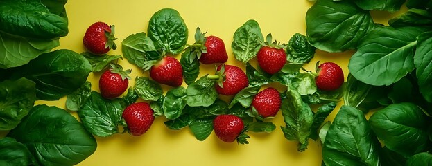 Fresh strawberries spinach yellow background healthy food