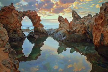 Fototapeta premium Sunset reflections paint the Arizona lake's rocky landscape, mirroring the summer sky
