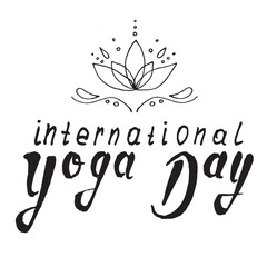 Yoga Day vector illustration with lotus flower and calligraphy