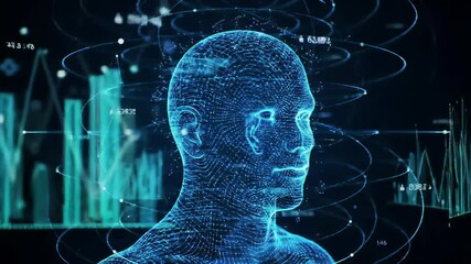 Glowing digital mesh human head rotating against dark background, revealing dynamic futuristic charts, lines, and numbers constantly changing with technological complexity - Powered by Adobe