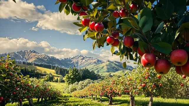 Apple orchard scene ripe red fruits and green foliage under sunny skies