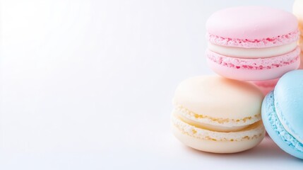 Obraz premium Colorful macarons stacked on a white background, soft pastel hues and delicate textures, close-up composition, and sweet dessert concept.