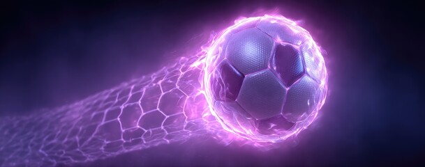 Soccer Ball Surrounded by Purple Energy Trails on a Dark Background Creates a Sense of Motion and Power