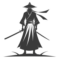 Obraz premium Silhouetted Japanese Samurai Warrior with Dual Katanas and Straw Hat 