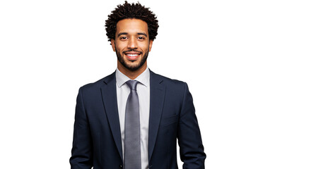 Professional headshot of smiling african american businessman in suit and tie on white background for corporate use on transparent background