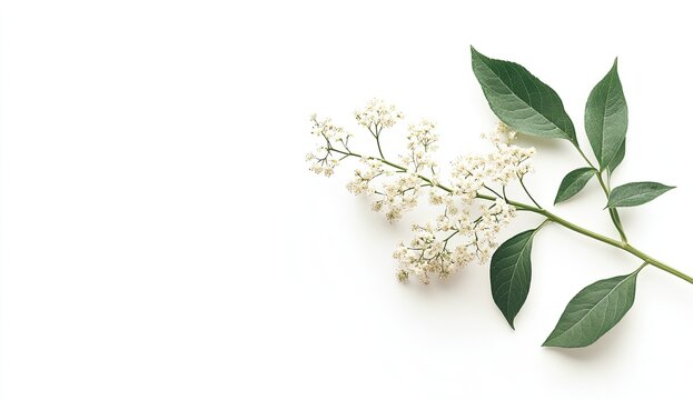 Delicate sprig of small white flowers and lush green leaves on a plain white background