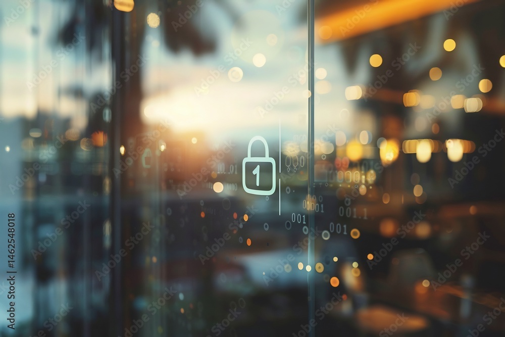 Poster digital lock concept on glass with binary code and urban background