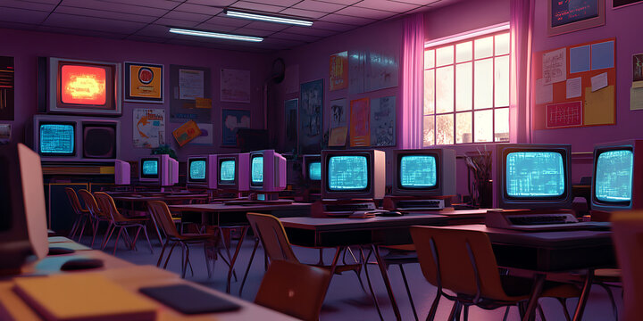 Retro Computer Lab Classroom Interior Wallpaper Background