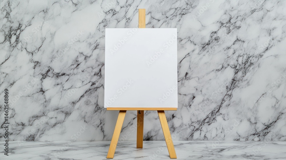 Poster blank canvas on easel against marble background for art display and presentation