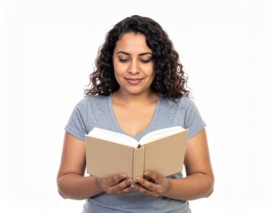 Frau die ein Buch ließt isoliert auf weißen Hintergrund, Freistellerwoman with book