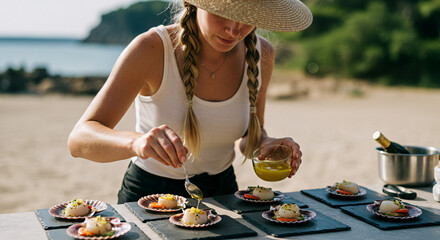 Beach catering service luxury food preparation outdoor event fine dining chef preparing gourmet dish