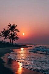 Beautiful sunset over tranquil beach with palm trees