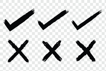 checklist icons, sketch checkboxes, tick and cross symbols. Crayon checkmark element. Cross brush signs  © Hike Studio 444