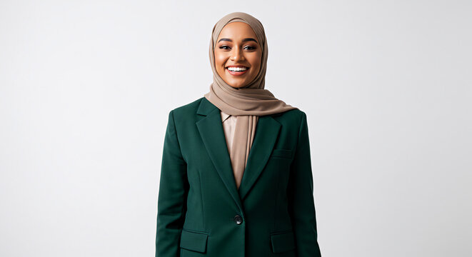 Professional muslim woman in hijab smiling wearing green blazer business attire for corporate headshot on transparent background