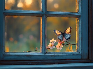 Delicate cherry blossom branch elegantly placed windowsill bathed soft morning sunlight light illuminates pink petal creating beautiful contrast cool tone of window frame peaceful scene evokes sense
