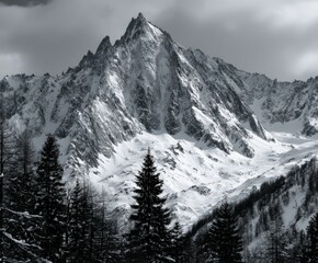 Obraz premium Majestic snow-covered mountain peaks in cloudy weather