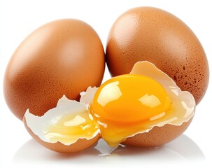 Three brown eggs, one cracked open, revealing a bright yellow yolk and some egg white