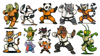 Cartoon Martial Arts Animals in Karate and Kung Fu Poses