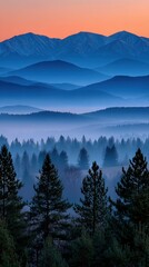 Obraz premium Mountains and forest landscape during twilight hour