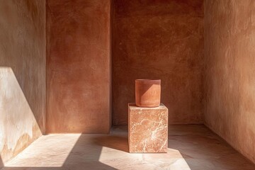Interior design featuring terracotta tones and natural light.