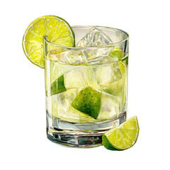 Tommys Margarita cocktail with lime wheel and ice cubes in a clear lowball glass. Watercolor illustration isolated on white background. Tequila-based summer drink. Mexican cocktail concept
