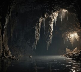 Dark, wet cave interior; stalactites, dripping water, grunge texture, modern feel,  still,  backdrop