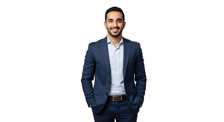 Professional headshot of smiling businessman in suit jacket on white background for corporate website on transparent background