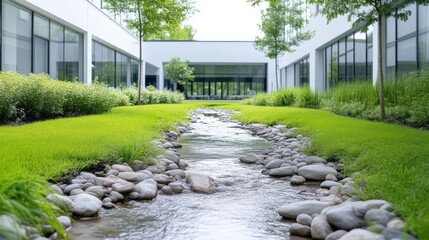 Modern office courtyard with a flowing stream. Lush landscaping surrounds the tranquil water feature