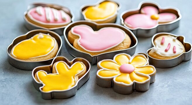 Colorful iced cookies in metal cookie cutters, various shapes.  Yellow and pink icing adorns bunny, flower, and heart-shaped cookies