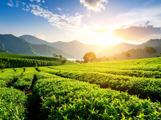 Tea Plantation at Sunrise: Golden Light and Serene Morning