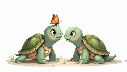 Obraz premium Two Cartoon Turtles With A Butterfly