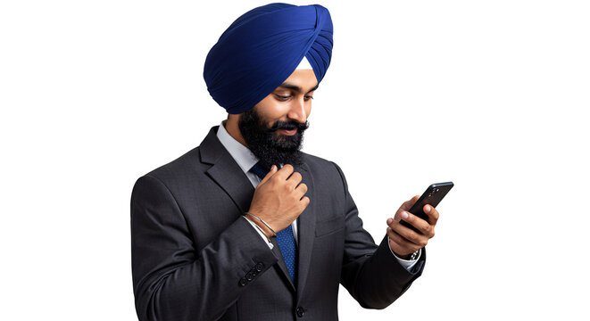 Sikh businessman using phone in suit and turban adjusting tie on white background professional image on transparent background