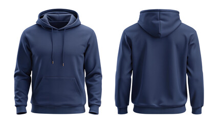 navy blue blank hoodie template from two sides isolated on transparent white background, clipping path