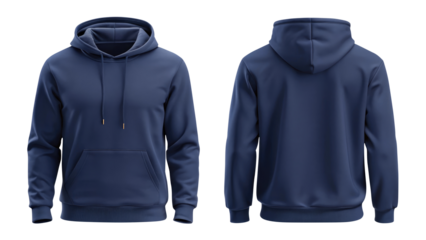 navy blue blank hoodie template from two sides isolated on transparent white background, clipping path