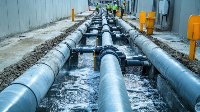 Large industrial pipeline system conveying water with workers and infrastructure