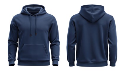 navy blue blank hoodie template from two sides isolated on transparent white background, clipping path