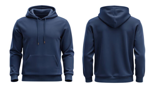 navy blue blank hoodie template from two sides isolated on transparent white background, clipping path