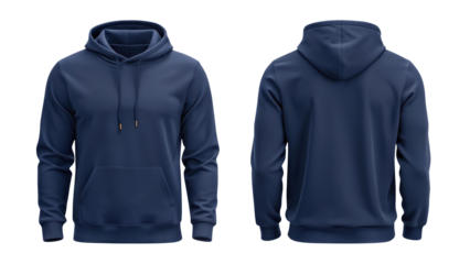 navy blue blank hoodie template from two sides isolated on transparent white background, clipping path