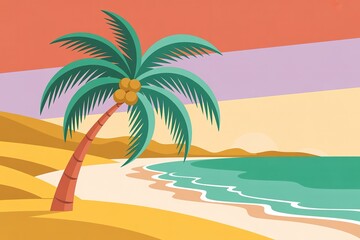 Fototapeta premium A tropical beach shows a palm tree near turquoise water and golden sand