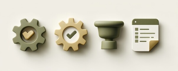 3D Admin Panel Icon Set with Cogwheel, List, Filter, Badge, and Update Arrow