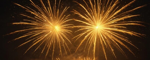 Naklejka premium Intense yellow fireworks bloom, wide angle captures blazing embers, night, radiant, light