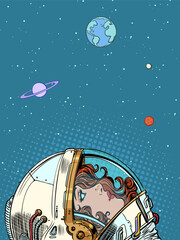 Pop Art Retro Woman astronaut looking up. Study of the universe and space. Cosmonautics Day.